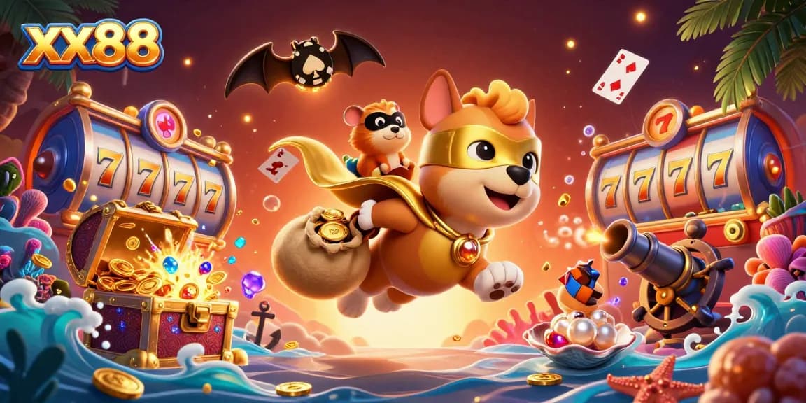 Experience thrilling moments with xx88's cartoon hero dog as it delivers gold in a vibrant casino scene.