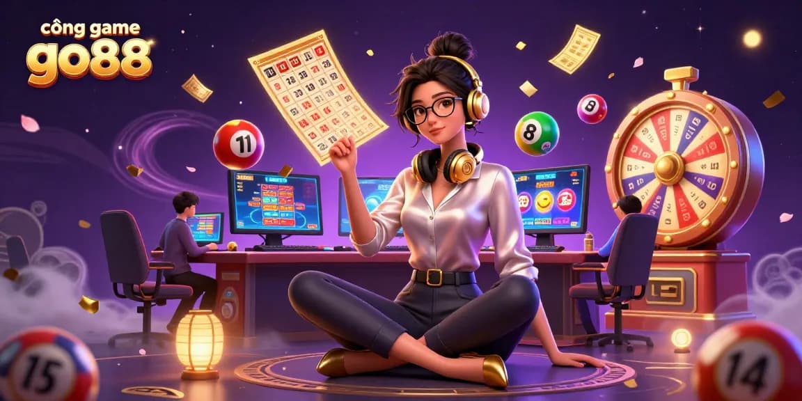 Engaging scene showcasing a professional woman at cổng game go88, surrounded by vibrant casino elements.