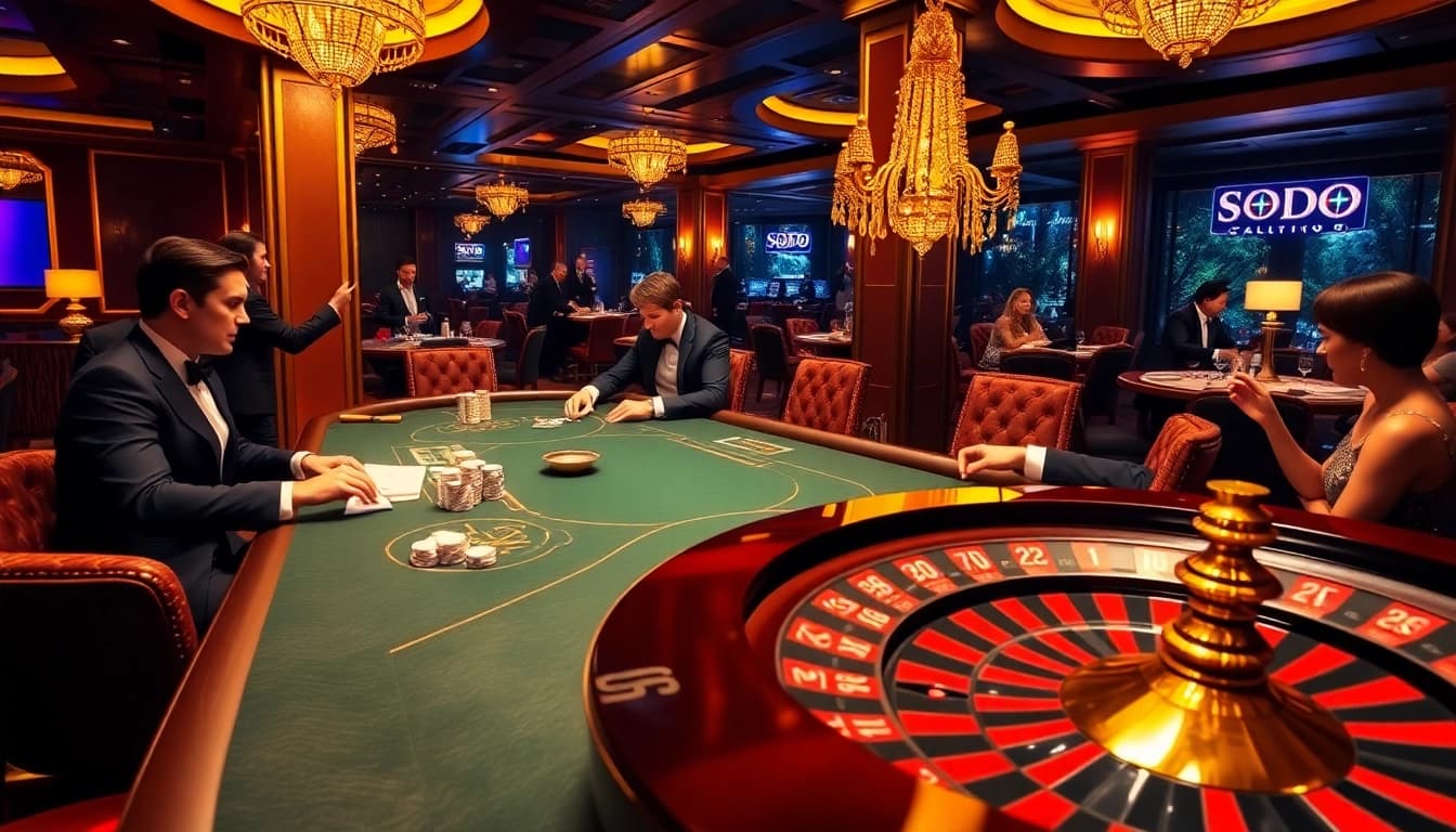 SODO CASINO poker players in an elegant atmosphere with vibrant chips and warm lighting