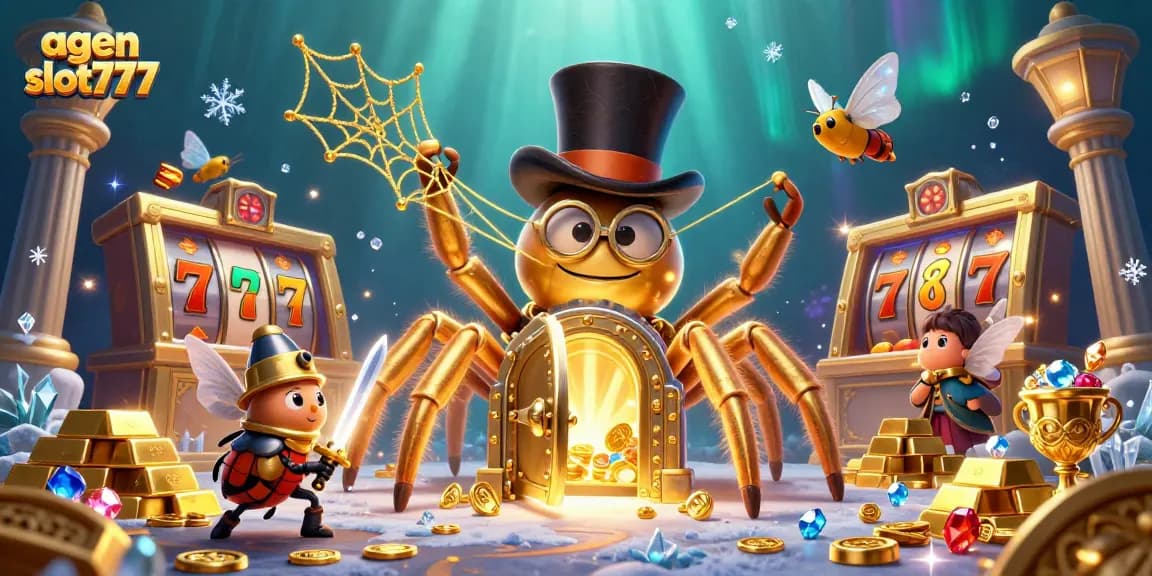Engage with agen slot777 as a giant golden tarantula weaves a web of luck in a vibrant casino scene