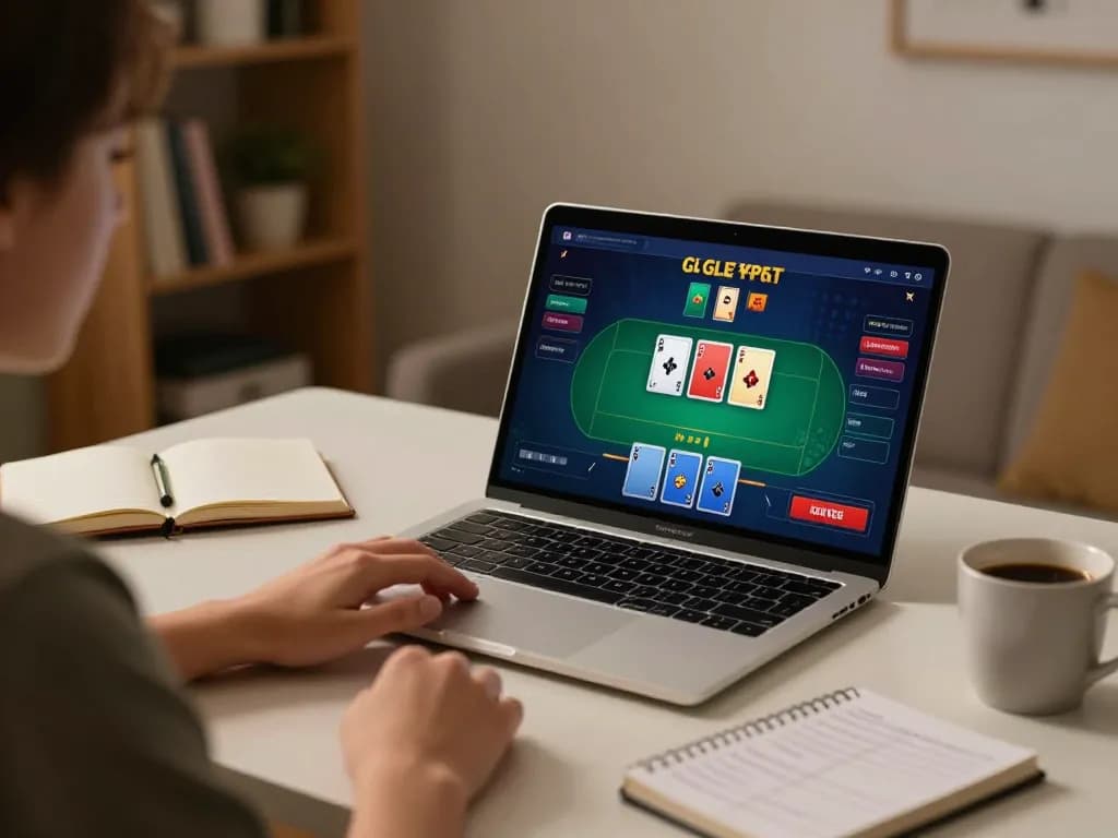 Engaging in an online poker game at SUNWIN with warm ambient lighting and strategic notes.