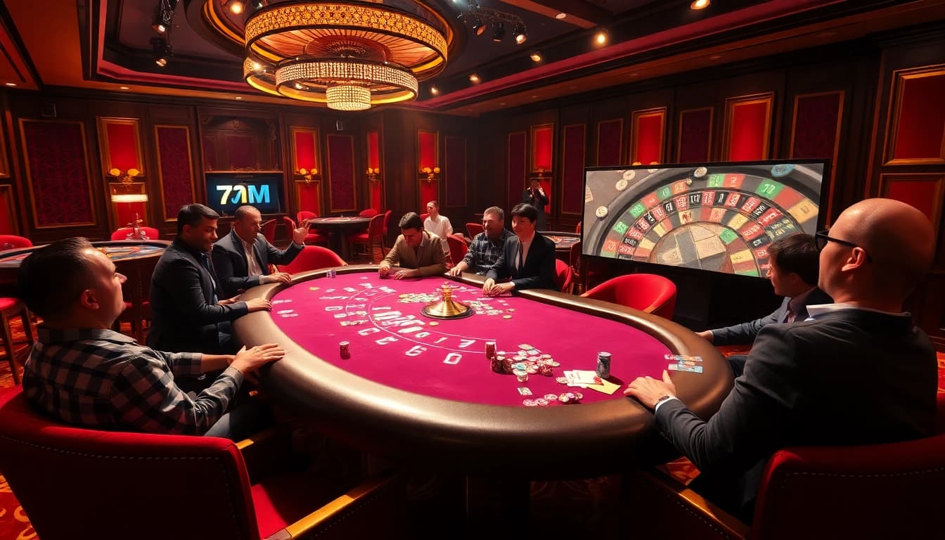 7M players celebrate high-stakes wins at a vibrant casino poker table with colorful chips and cards.