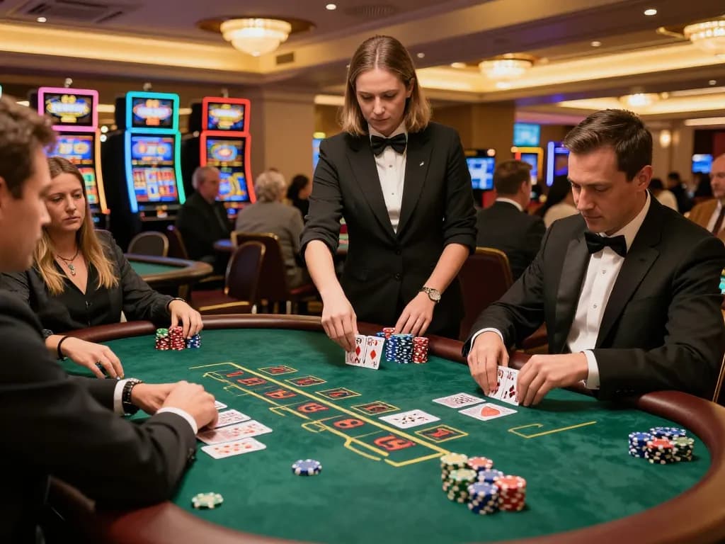 Engaged players at a blackjack table enjoying strategic actions with TT88 betting chips in a lively casino