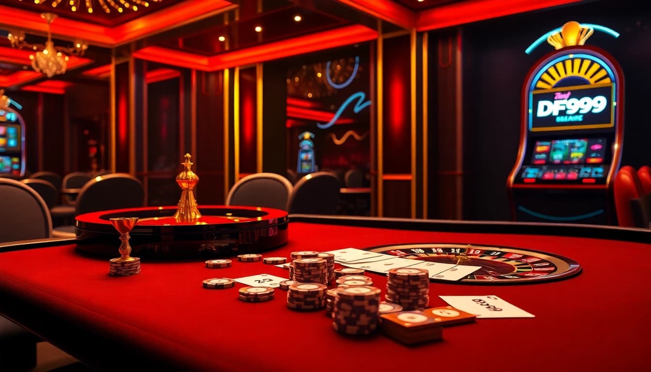 Experience the thrilling gameplay at DF999 Casino with vibrant tables, chips, and high-tech machines.