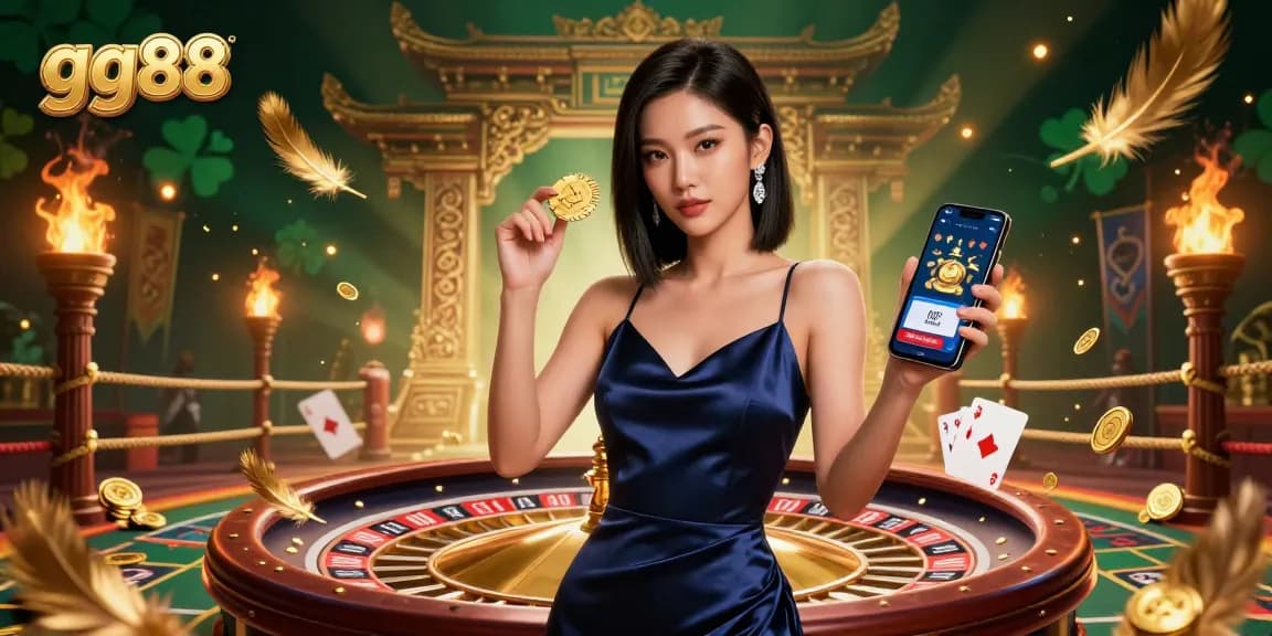 Experience gaming excitement with gg88 as a confident woman showcases a casino app amidst dynamic roulette and rich visuals.