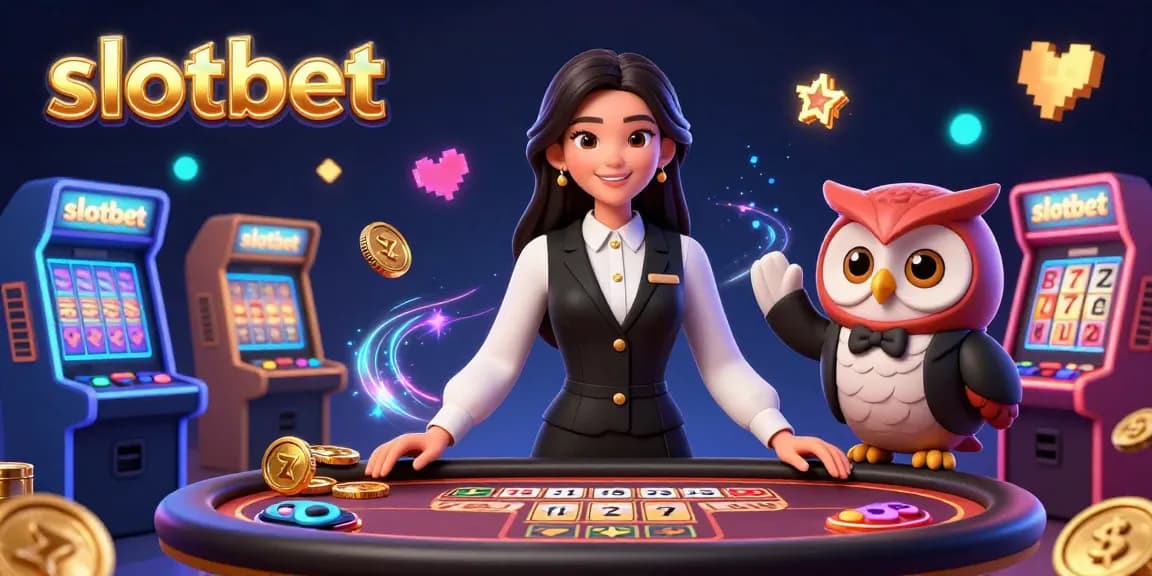Embrace the thrilling experience of slotbet with a lively baccarat table showcasing an elegant dealer and a playful owl assistant.
