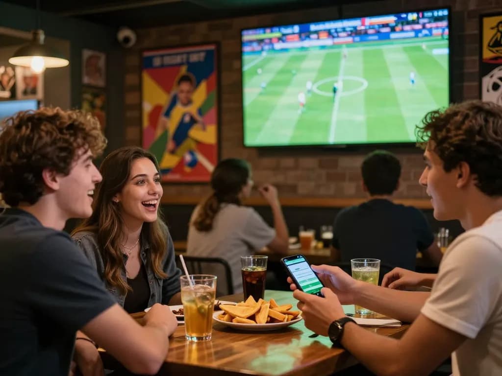 Sbobet sports betting excitement as friends engage with a live match and mobile app