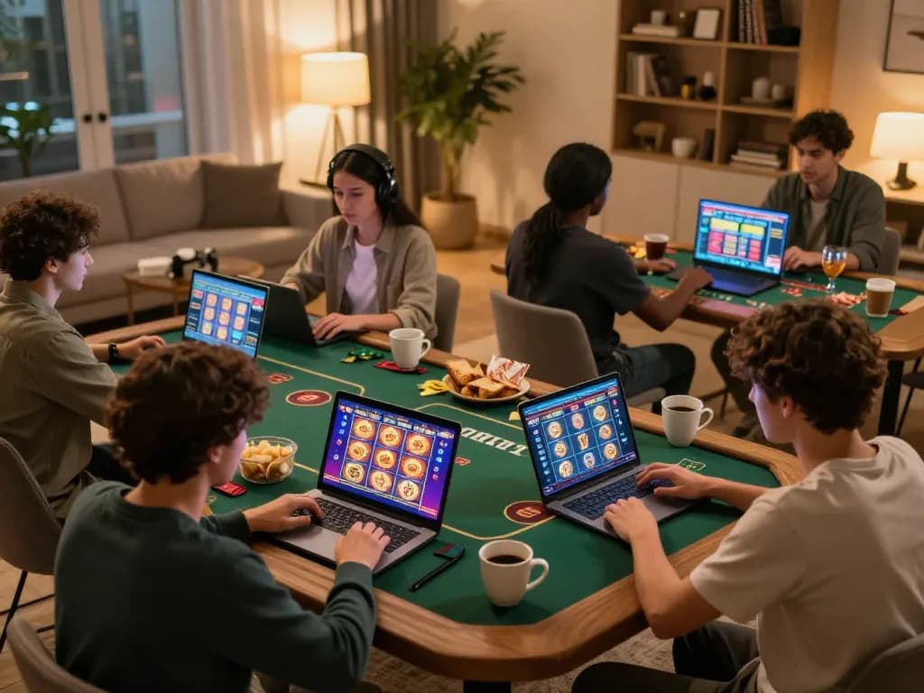 Players enjoy gaming on Jogoluck with laptops and tablets, surrounded by snacks and drinks.