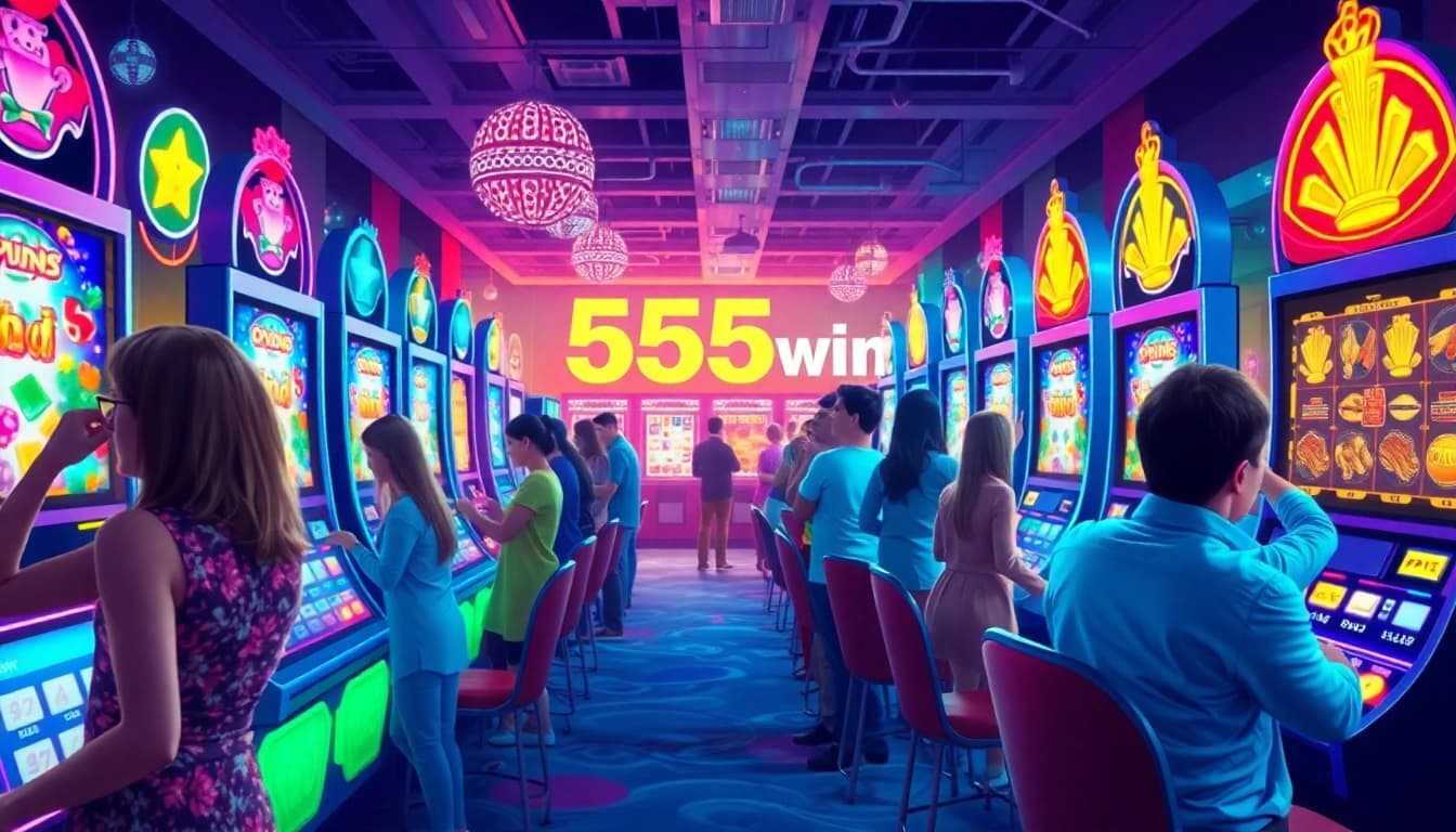 Experience the thrill of 555win in a vibrant casino setting with immersive slot machines and excited players.