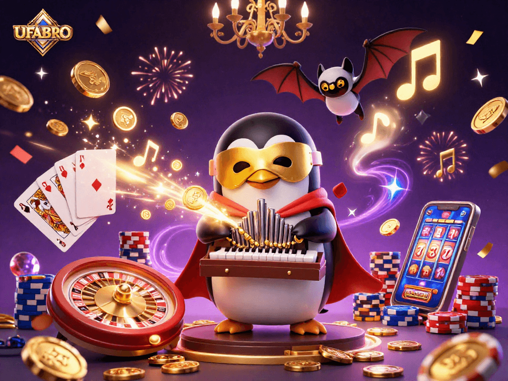 Experience the excitement of casino betting with UFABRO, featuring golden coins and vibrant games.
