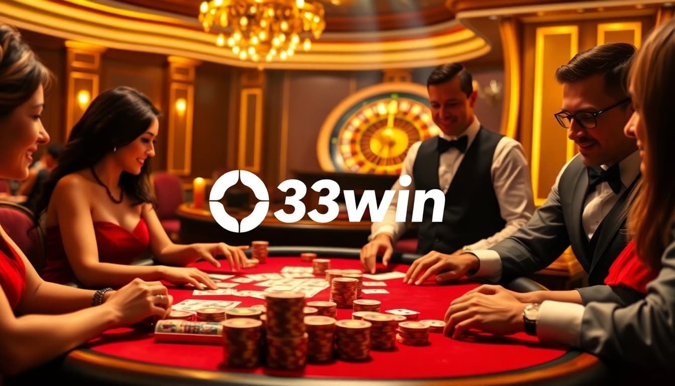 33win players enjoying a thrilling poker game at a luxurious casino table with vibrant decorations.