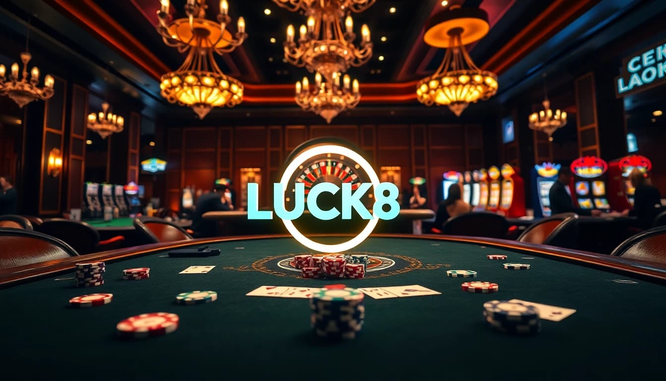 LUCK8 gaming table with poker chips and cards, showcasing an exciting casino atmosphere.