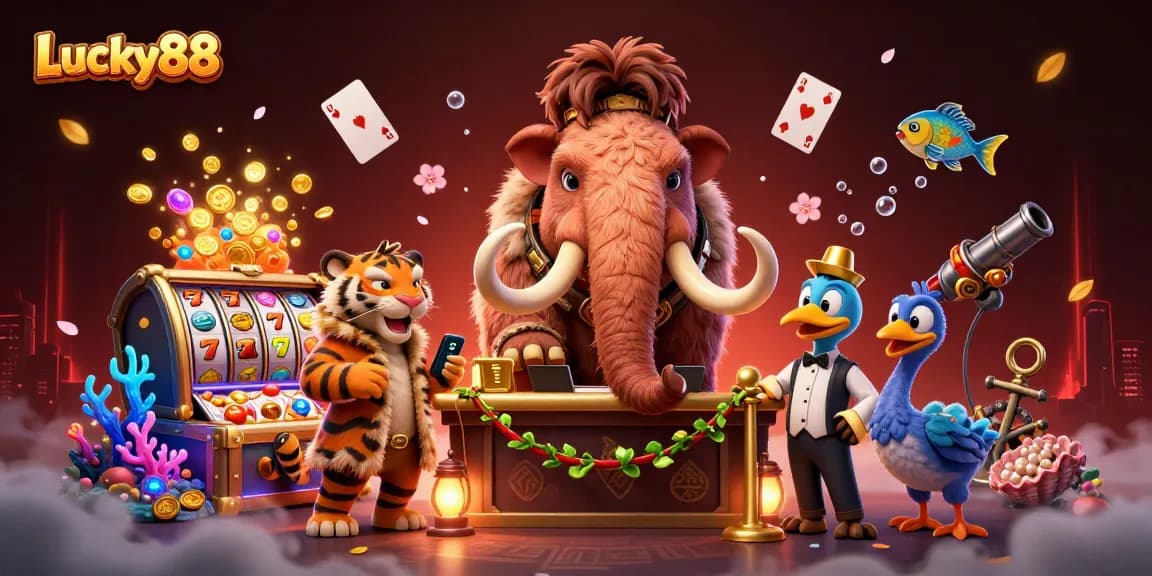Lucky88 showcases a vibrant casino scene with a woolly mammoth bouncer and a saber-tooth tiger.