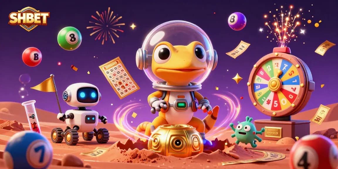 Experience SHBET's vibrant online casino world with dynamic game elements and a cheerful Martian theme.