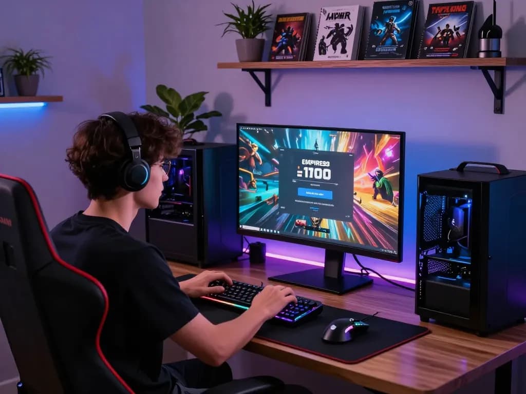 Engaging gaming setup with Empire99 installation display on laptop screen.