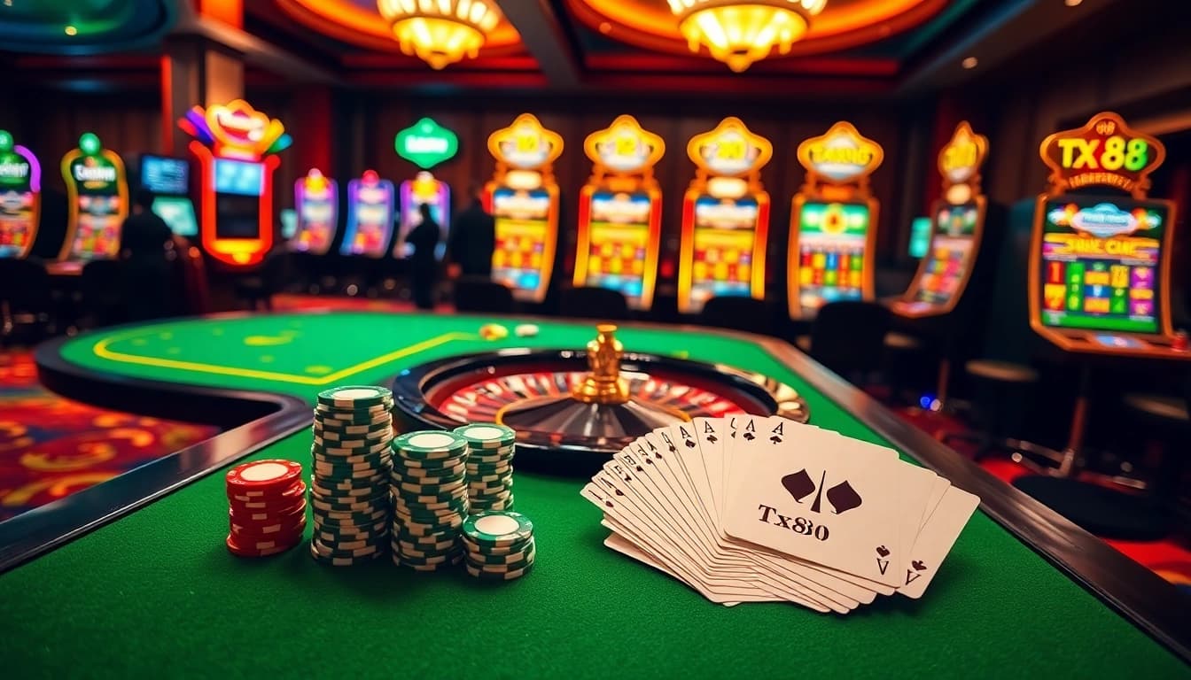 A lively casino scene with vibrant poker chips and gambling tables, highlighting the excitement of tx88 gaming.