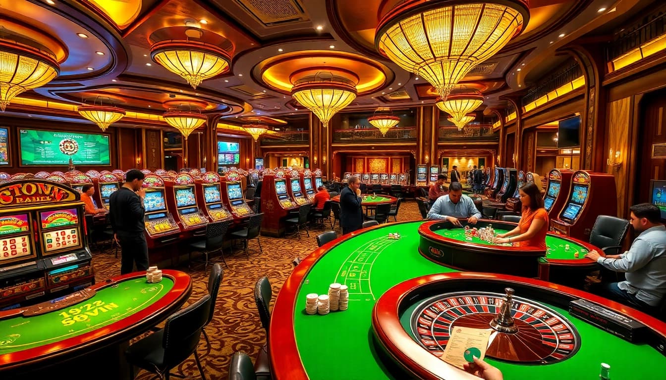Exciting gaming action at 98win's vibrant casino tables featuring poker chips and roulette wheels.