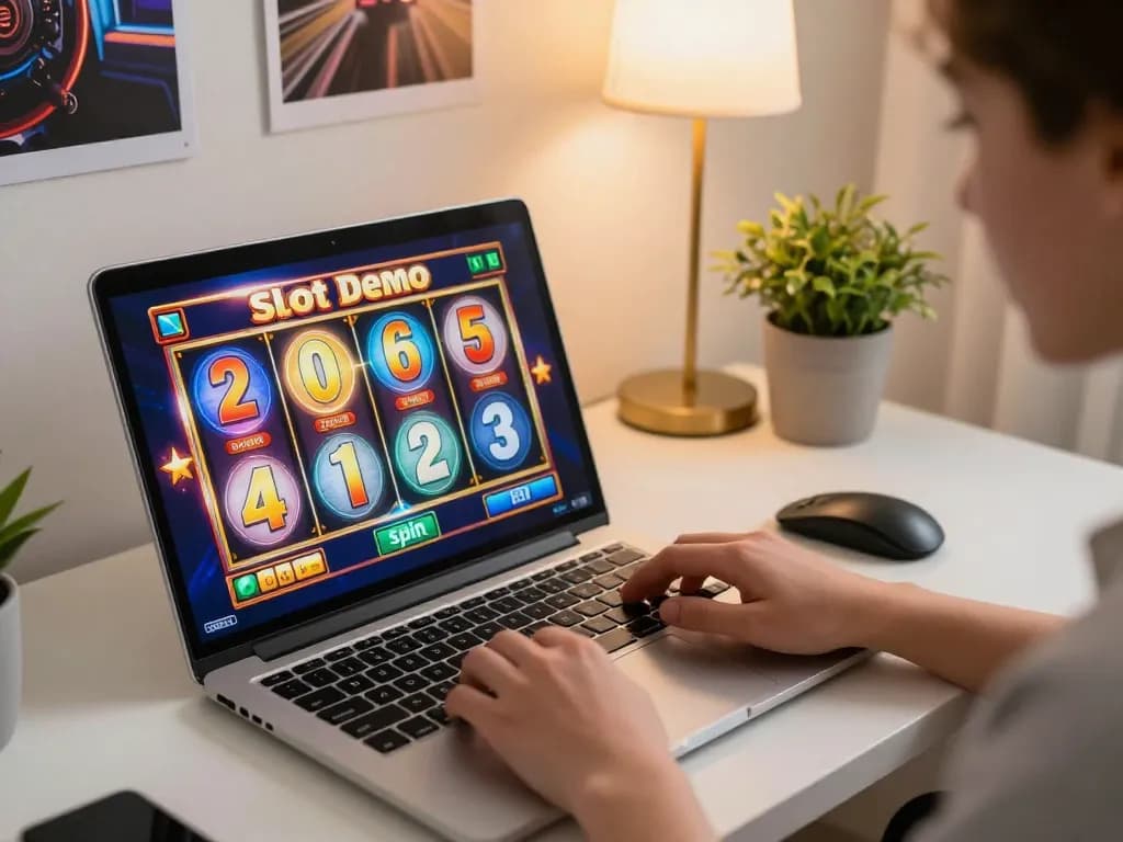 Player engaging with a Slot Demo on a laptop while preparing to spin the reels in an inviting home setting.