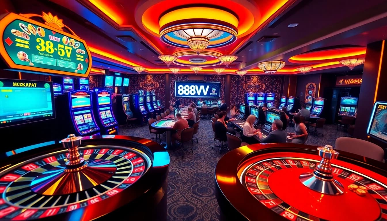 Exciting gambling action at 88VV casino featuring vibrant slot machines and roulette tables.