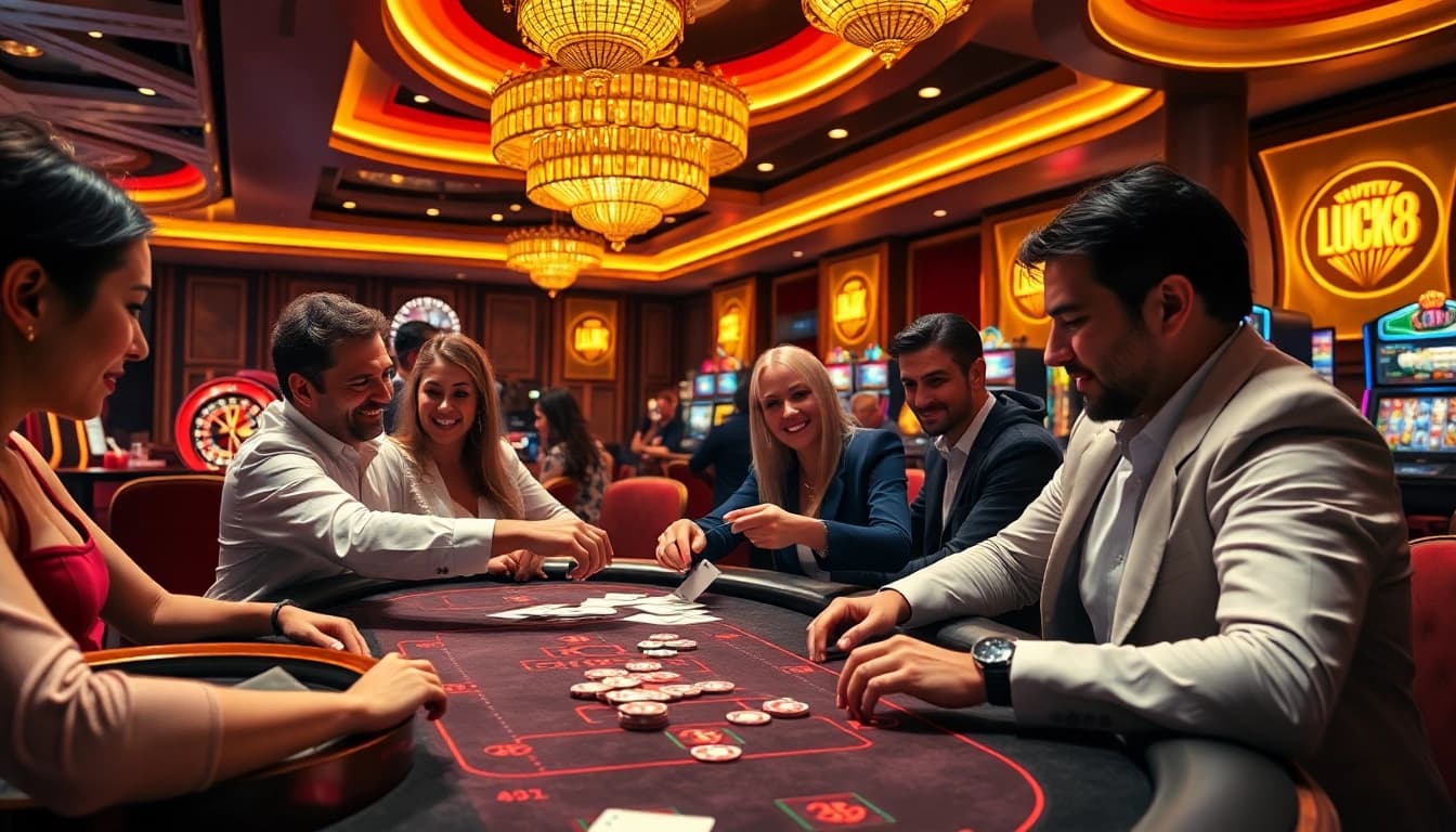 Players enjoying a thrilling poker game at LUCK8 Casino with vibrant casino elements.