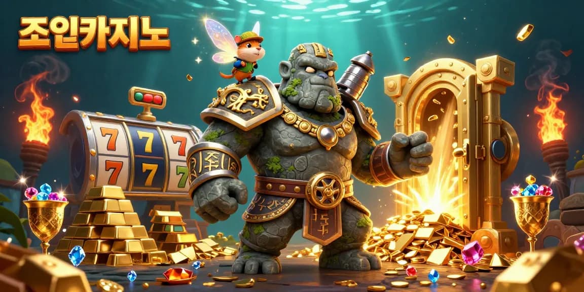 Experience thrilling gameplay at 조이카지노 with an enchanting scene of a golem guardian, a fairy, and a hamster knight amid slot machines and treasures.
