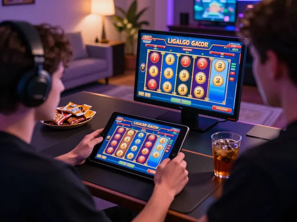 LIGALGO Gacor game interface displayed on tablet while player experiences thrilling online gambling action