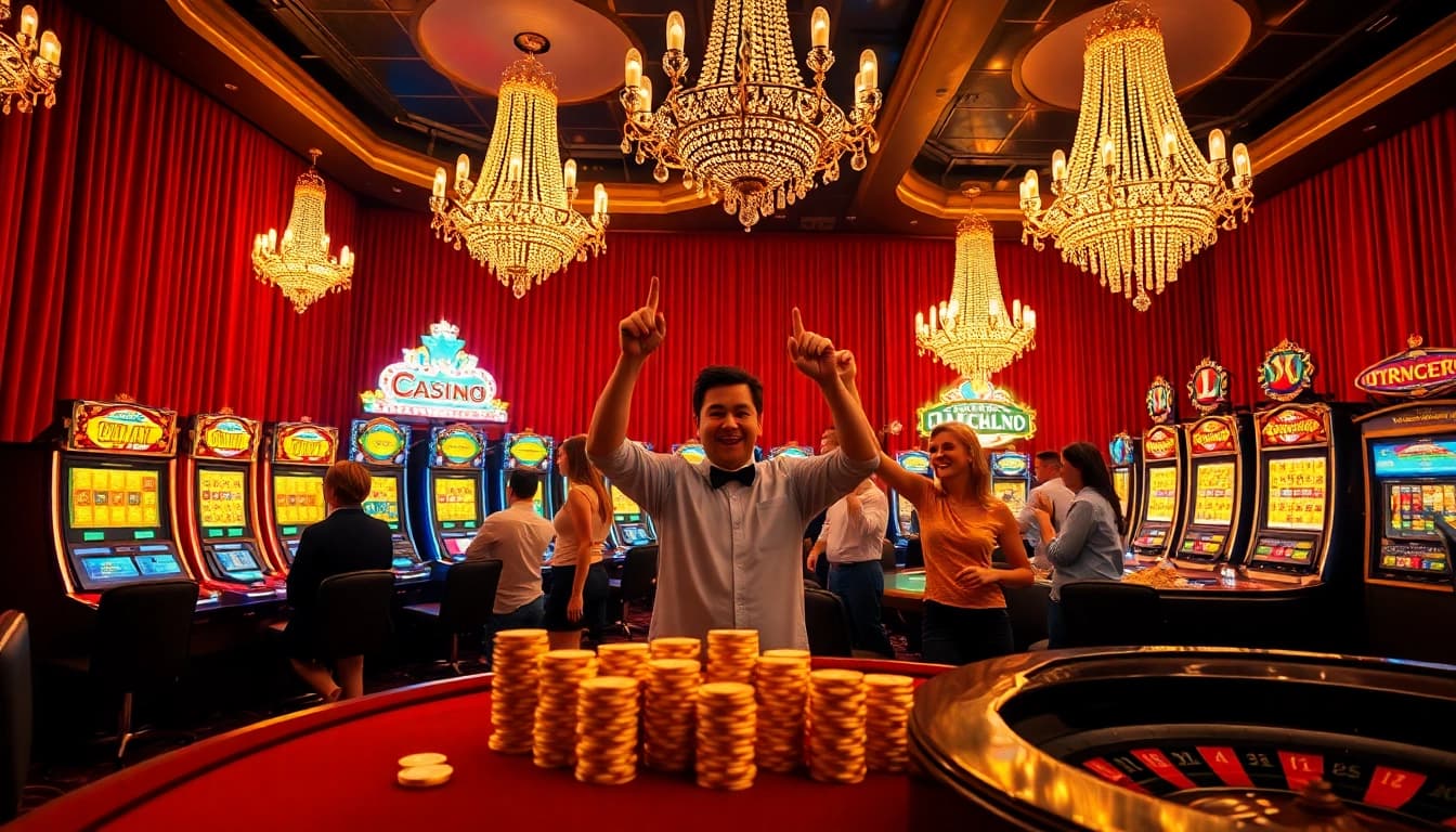 Pemain menikmati mesin slot yang menarik di lingkungan kasino yang mewah.