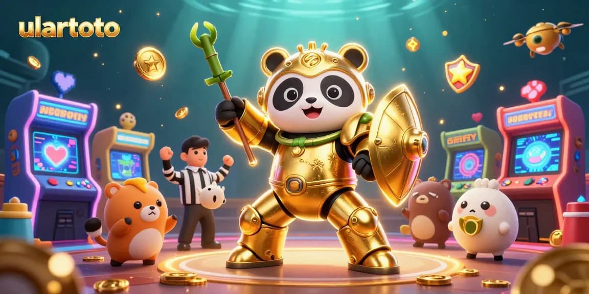 Join ulartoto for thrilling moments in a vibrant gaming arena featuring a golden panda and dynamic game elements.
