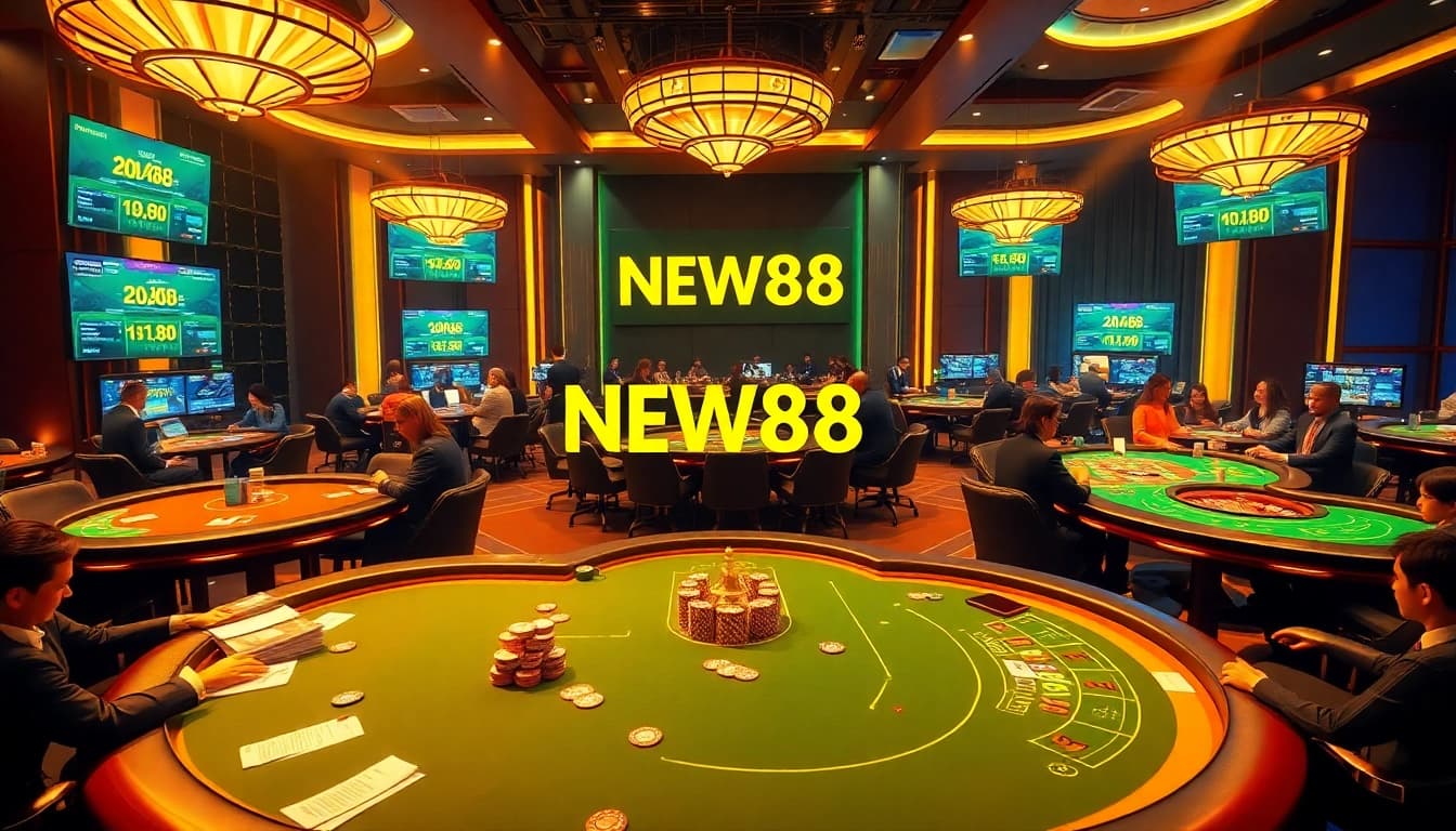 Experience the thrill of victory with NEW88 at an upscale casino table featuring poker chips and cards.