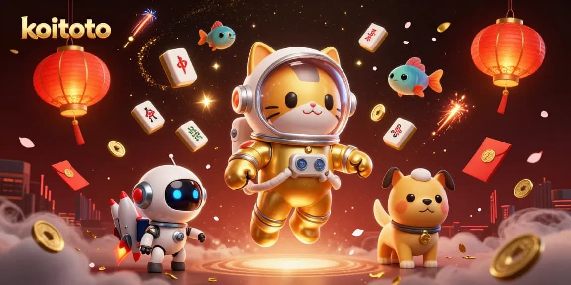 View koitoto's exciting gaming adventure with a cartoon astronaut cat and robot dog in a vibrant cosmic scene.