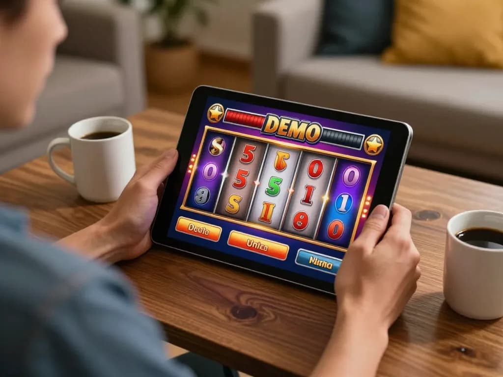 Pemain yang terlibat menikmati Slot Demo di tablet di ruangan rumah yang nyaman.