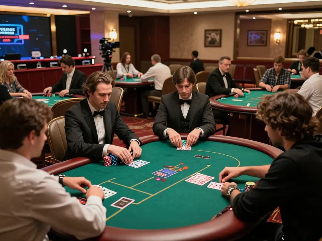 Players engaged in strategic poker gameplay at an elegant casino venue featuring mb66 tables and lighting.