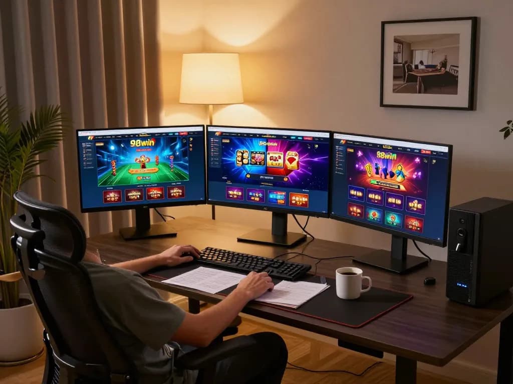 Engaging user interface of 98win online casino displayed on dual monitors, illustrating the exciting gaming environment