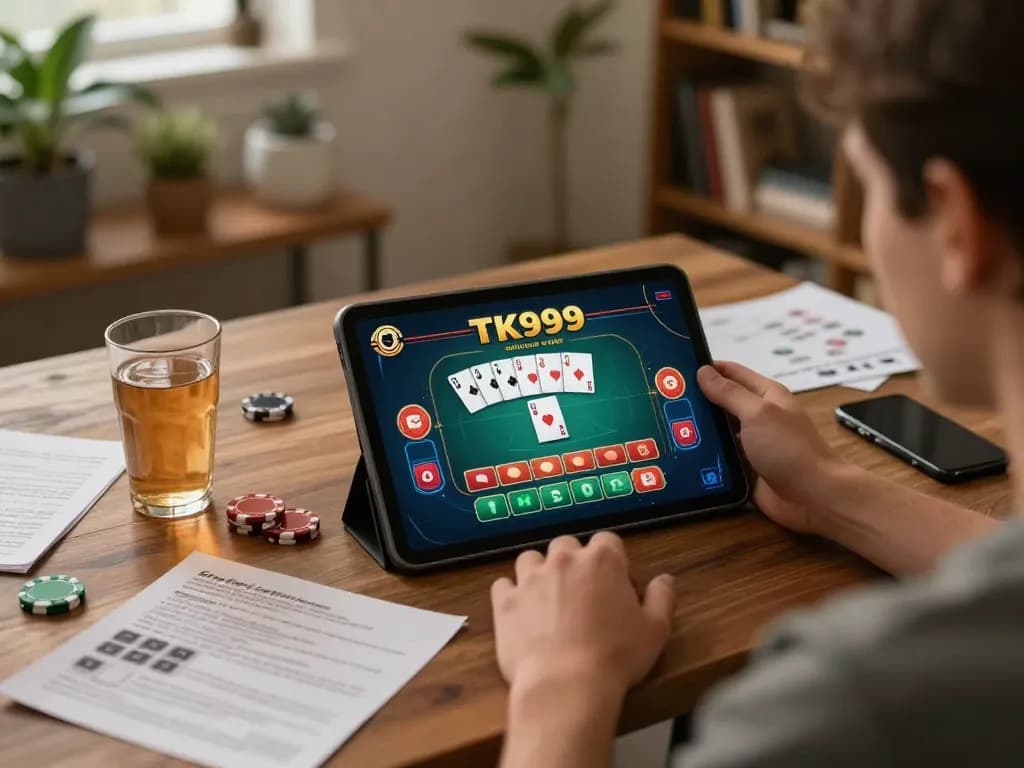 Engaging in TK999 online gaming on a tablet in a relaxed home setting.