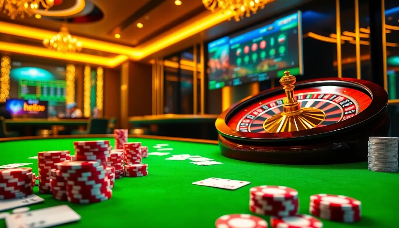 Experience high-stakes gaming at hello88 with luxurious casino tables and vibrant poker chips.