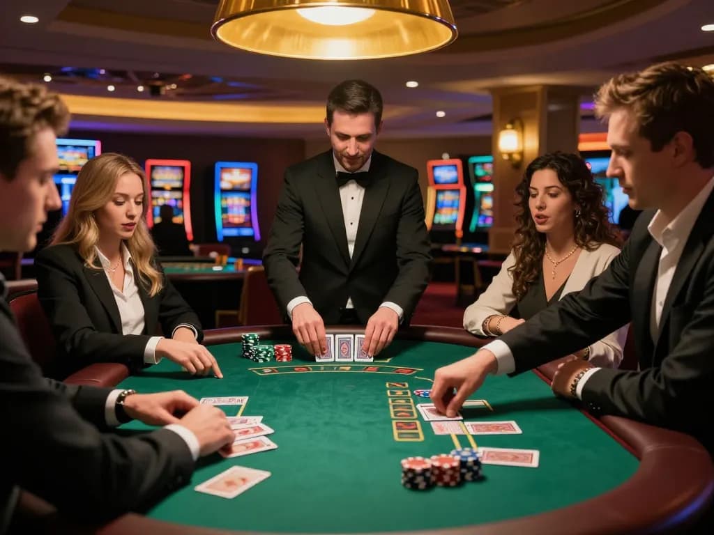 Pemain Planet77 melakukan taruhan strategis di meja blackjack mewah di kasino yang semarak