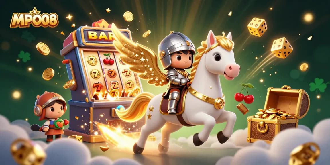 Experience thrilling wins at MPO08 with a mystical horse and knight amid bursting slot machines and gold.