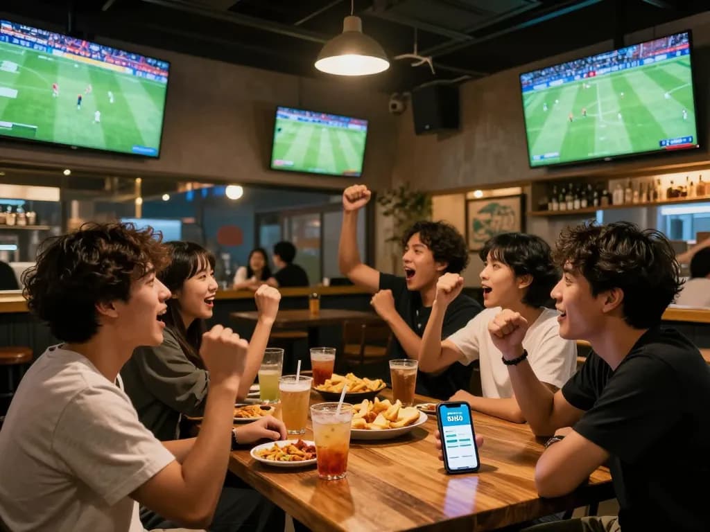 Soi Kèo users celebrating a goal while checking live betting odds at a lively sports bar.