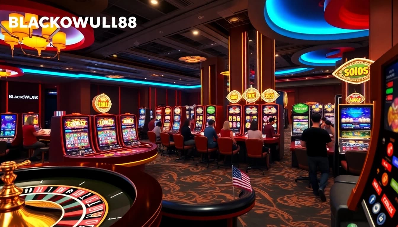 Engage in thrilling gaming at BLACKOWL88, featuring vibrant slot machines and a sleek casino atmosphere.