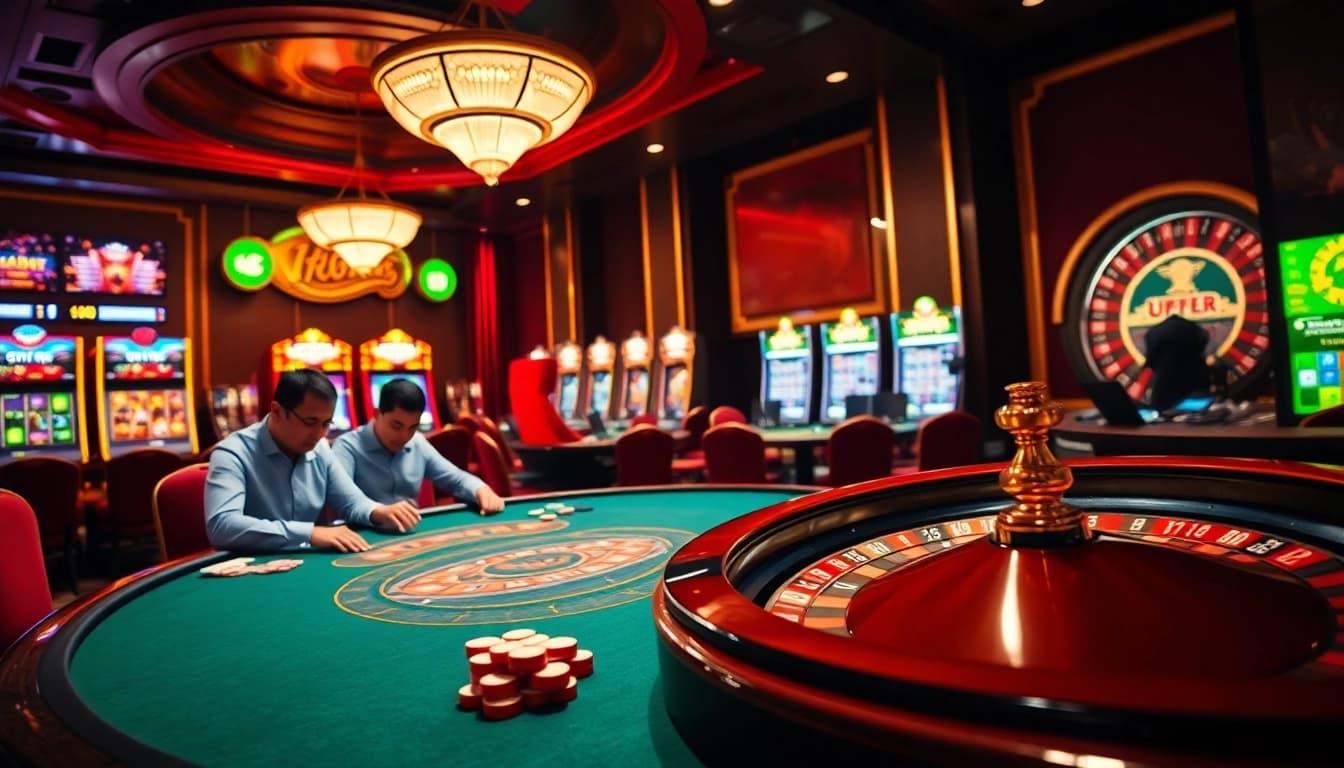 Experience thrilling gameplay at u888's luxurious casino with poker tables and vibrant slot machines.
