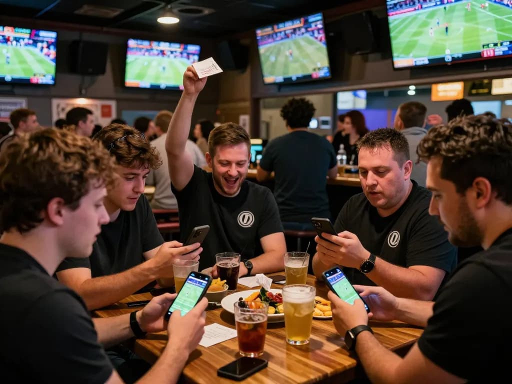 FABET sports betting enthusiasts engaged in live event excitement at a sports bar.