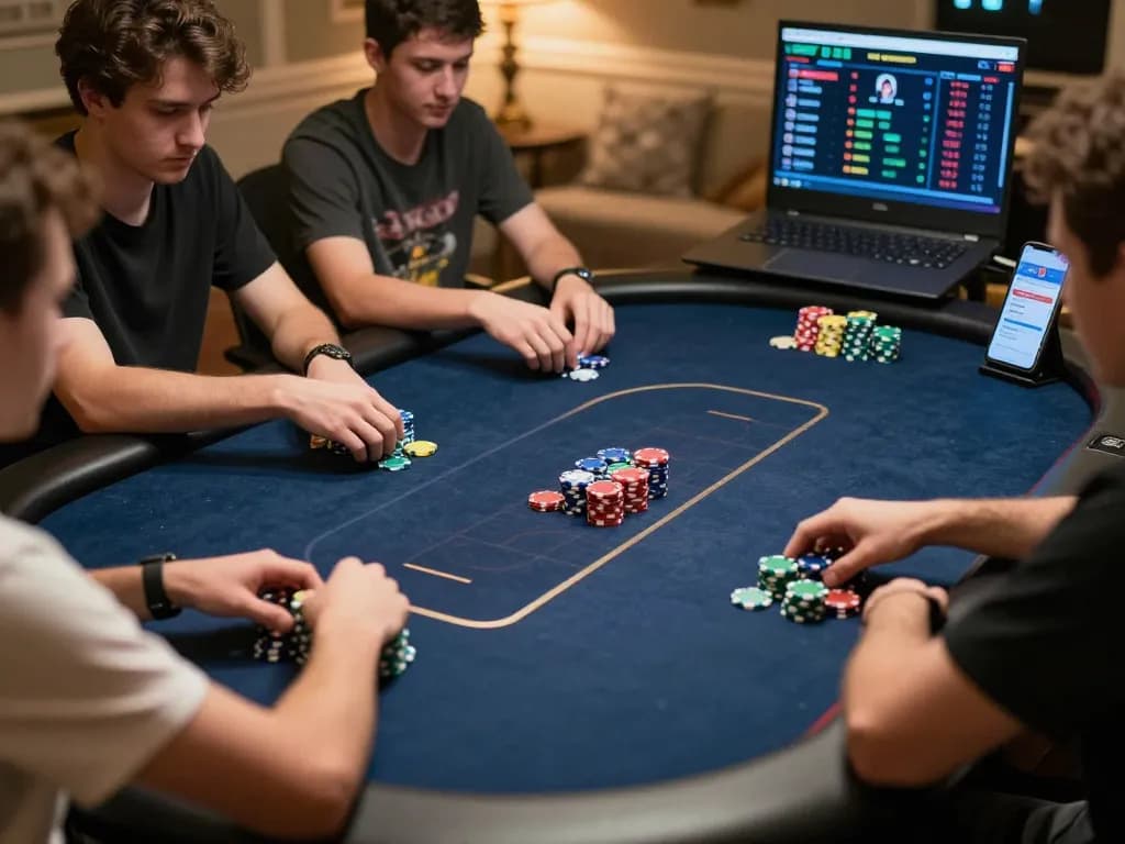 Players strategizing in an online poker game with macan33, displaying focused gameplay and colorful chips