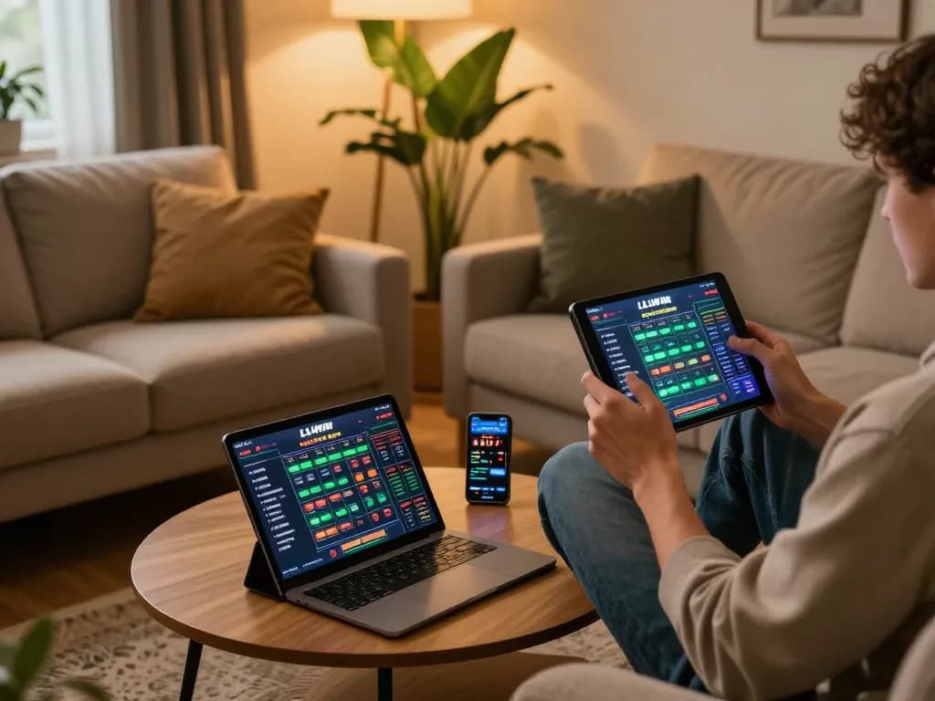 Engaging in online gaming at home with LLWIN on a tablet, showcasing a comfortable gaming atmosphere