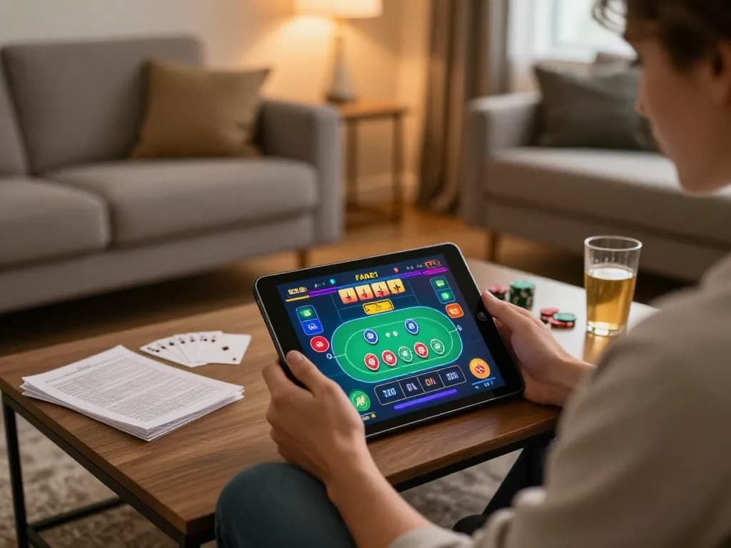 Engaging with fabet online poker interface on tablet in a cozy living room setting.