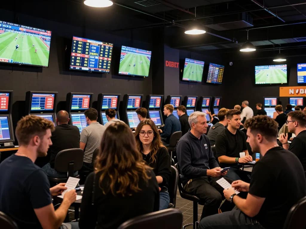 Engaged crowd placing bets at DEBET sports betting venue with live match displays and dynamic atmosphere.