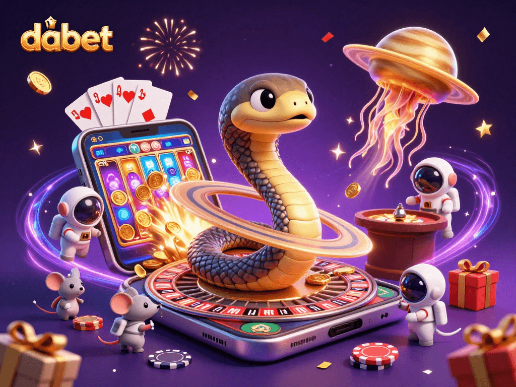 Betting on a cosmic roulette with dabet's vibrant 3D cartoon characters in a dynamic casino scene.