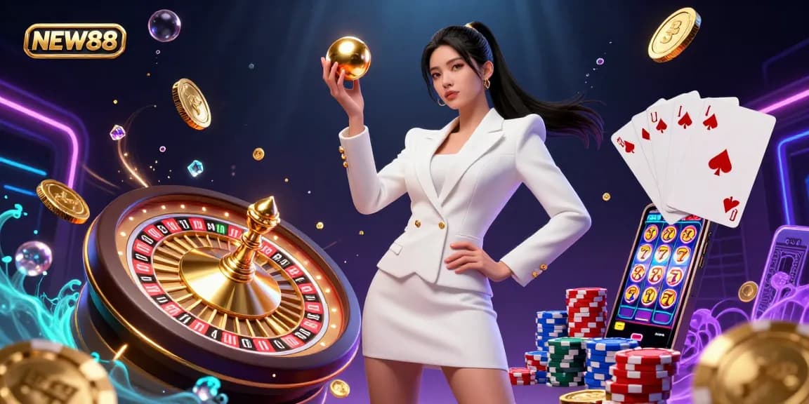 Engage with NEW88 through this dynamic 3D illustration of casino excitement featuring roulette and rich game elements.
