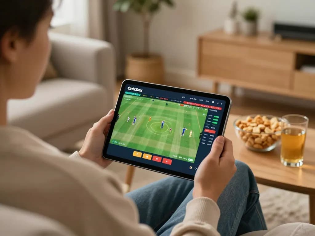 Crickex online betting setup with live scores and cricket stats on a tablet in a cozy home environment.