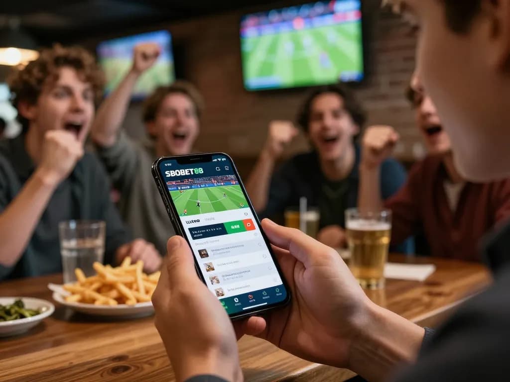 Pengalaman taruhan seluler SBOBET88 di suasana bar olahraga yang hidup, menampilkan peluang pertandingan langsung di smartphone.