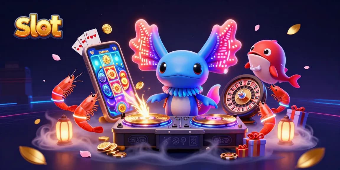 Permainan slot video menarik dengan karakter kasino berwarna neon dan elemen menarik.